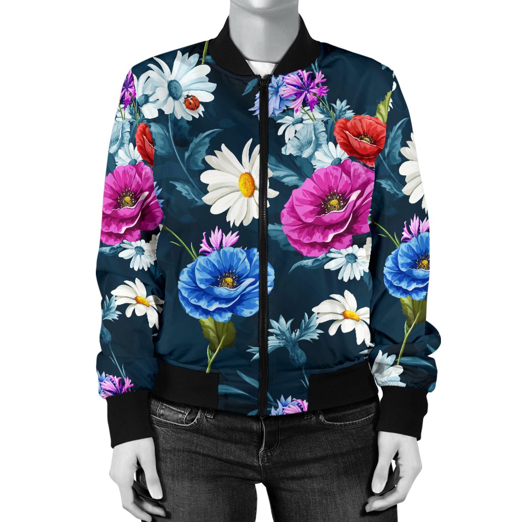 Floral Blue Themed Print Women Casual Bomber Jacket