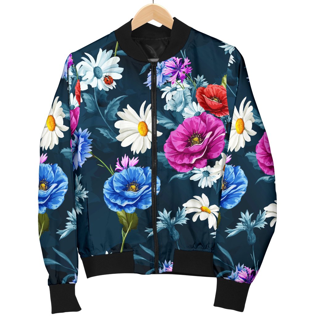 Floral Blue Themed Print Women Casual Bomber Jacket