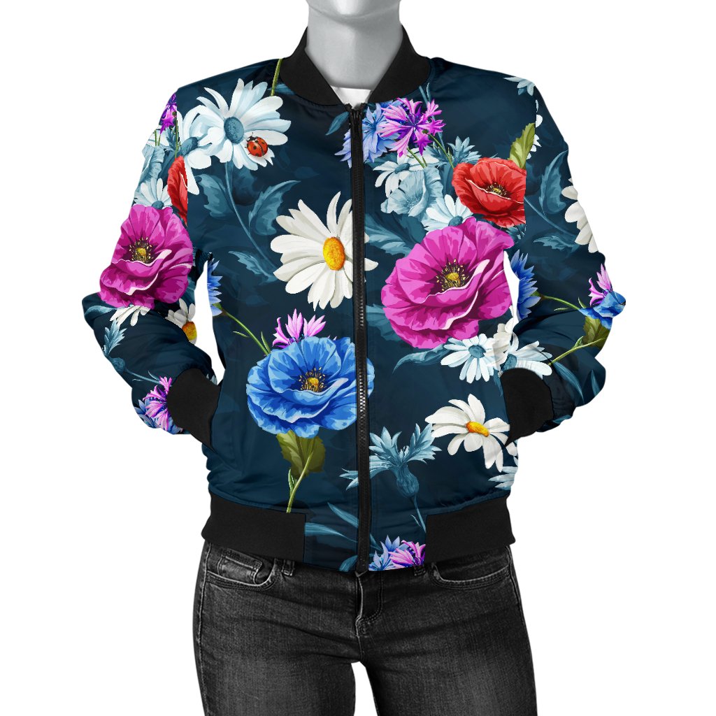 Floral Blue Themed Print Women Casual Bomber Jacket