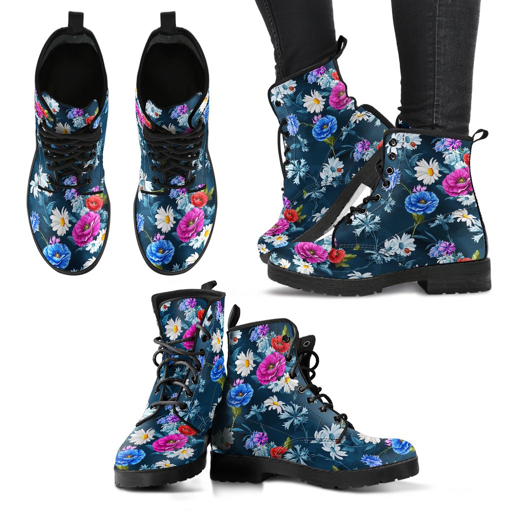 Floral Blue Themed Print Women Leather Boots-JTAMIGO.COM