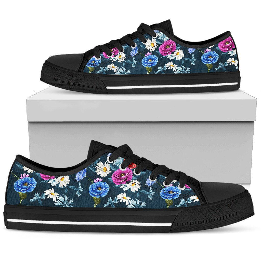 Floral Blue Themed Print Women Low Top Shoes