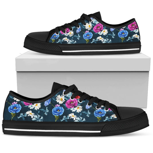 Floral Blue Themed Print Women Low Top Shoes