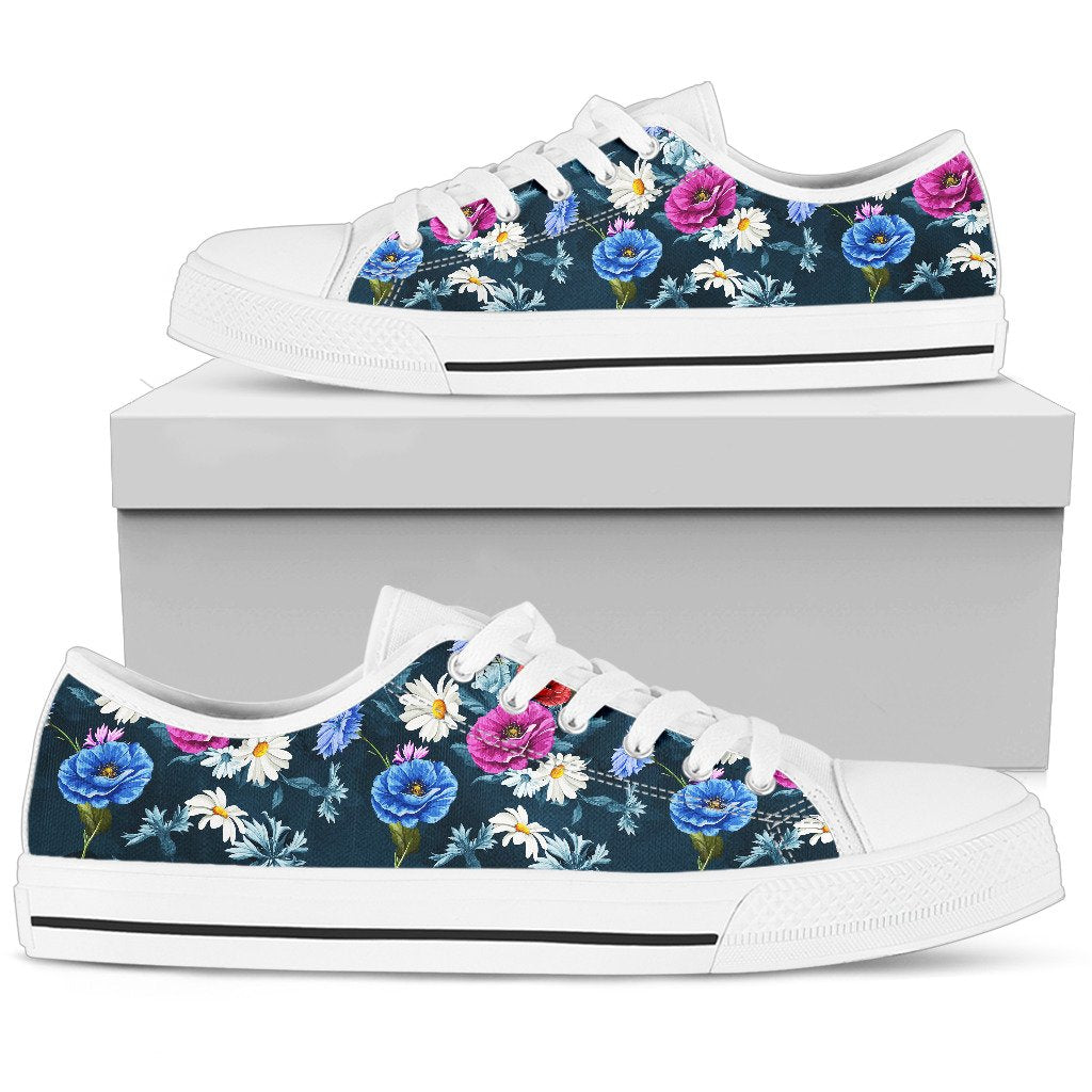 Floral Blue Themed Print Women Low Top Shoes