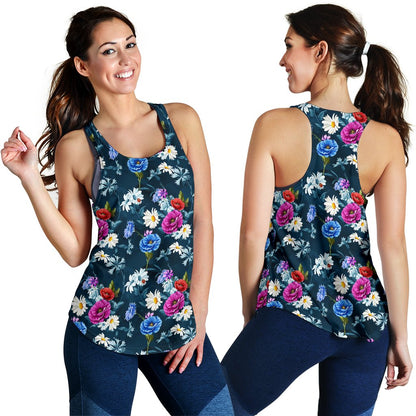 Floral Blue Themed Print Women Racerback Tank Top