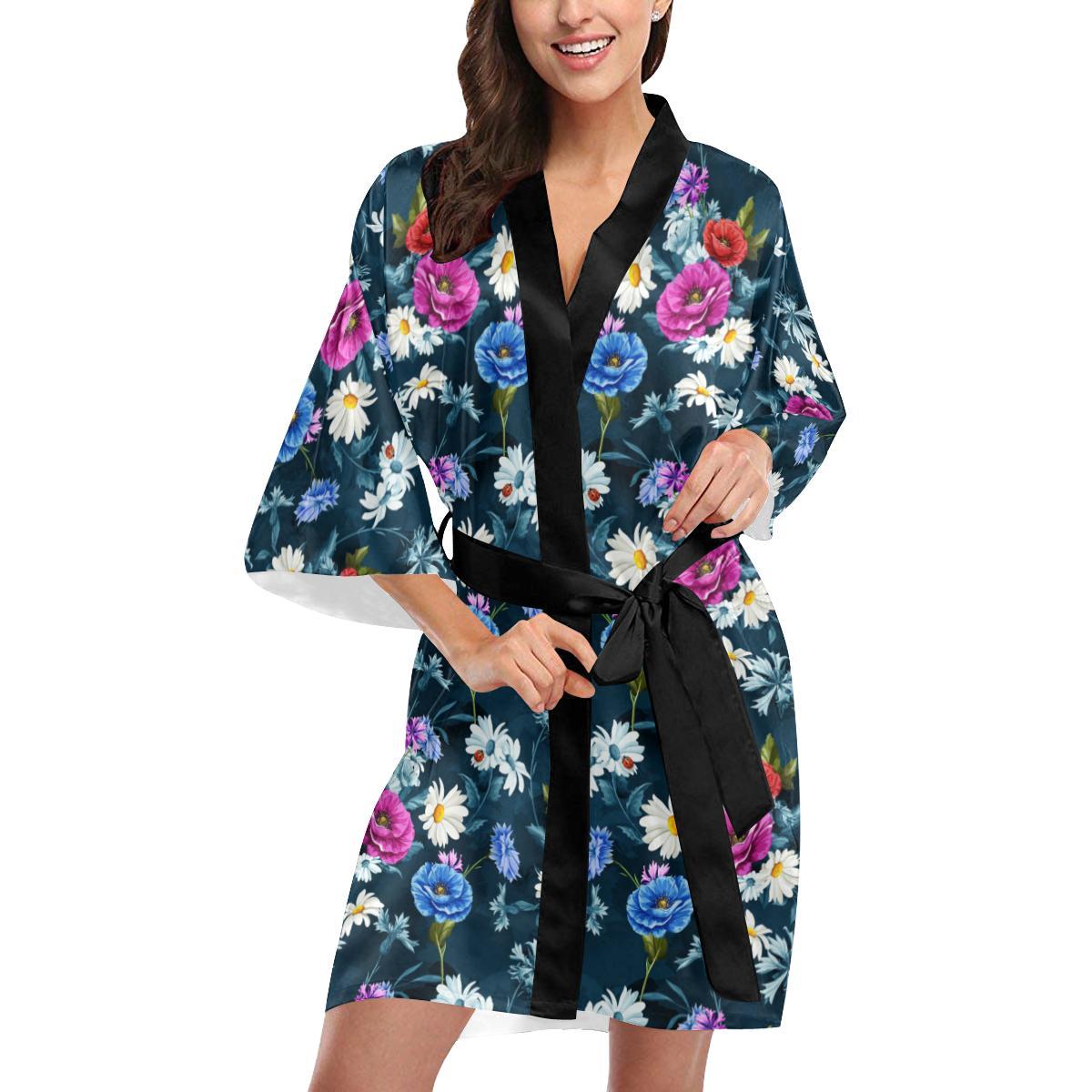 Floral Blue Themed Print Women Short Kimono Robe