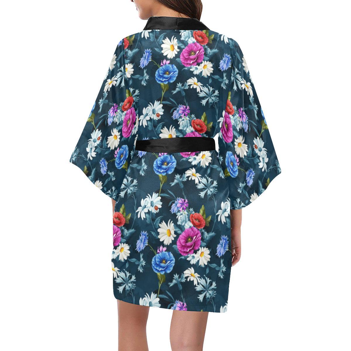 Floral Blue Themed Print Women Short Kimono Robe