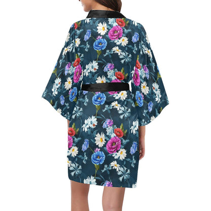 Floral Blue Themed Print Women Short Kimono Robe