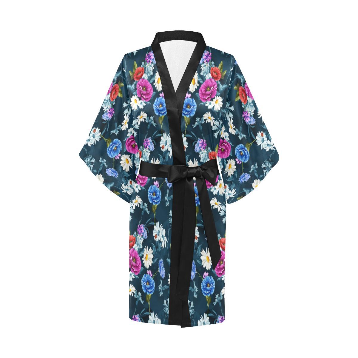 Floral Blue Themed Print Women Short Kimono Robe