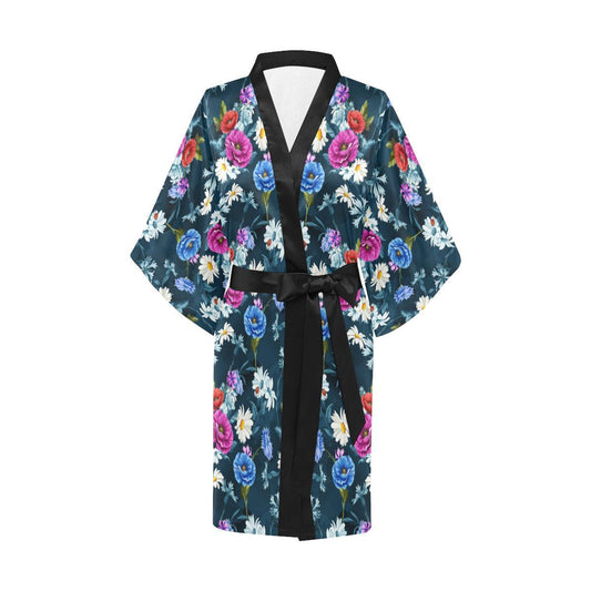 Floral Blue Themed Print Women Short Kimono Robe