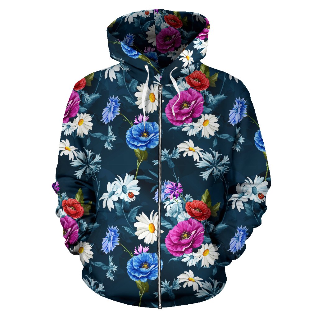 Floral Blue Themed Print Zip Up Hoodie