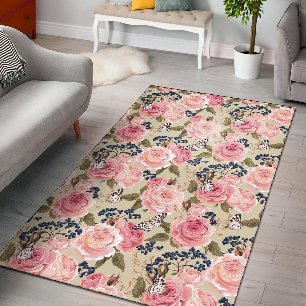 Floral Pink Butterfly Print Area Rugs-JTAMIGO.COM