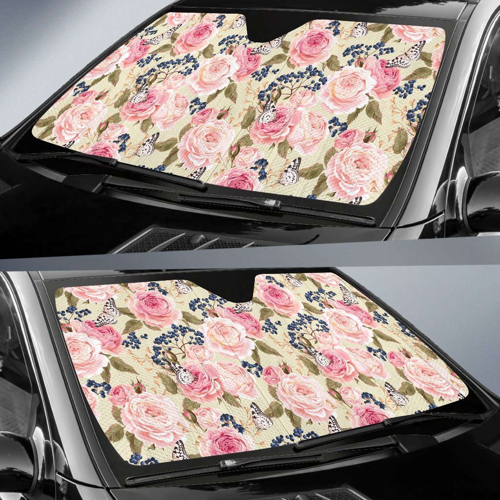 Floral Pink Butterfly Print Car Sun Shade For Windshield