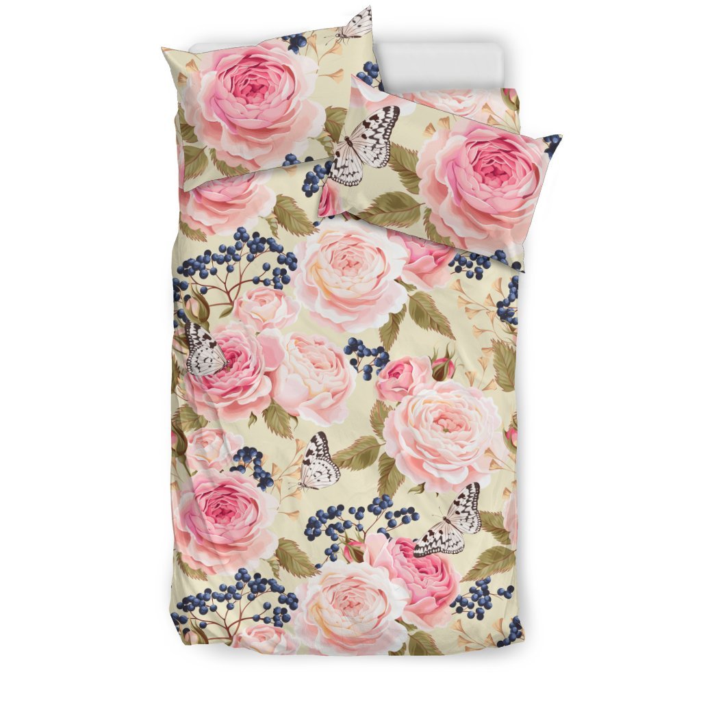 Floral Pink Butterfly Print Duvet Cover Bedding Set