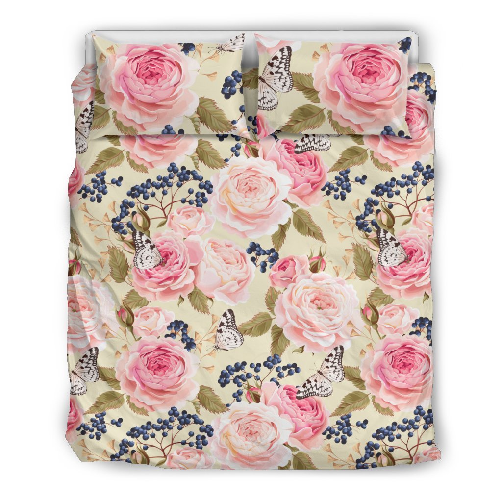 Floral Pink Butterfly Print Duvet Cover Bedding Set