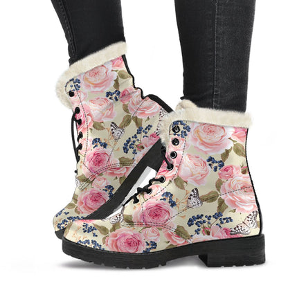 Floral Pink Butterfly Print Faux Fur Leather Boots-JTAMIGO.COM