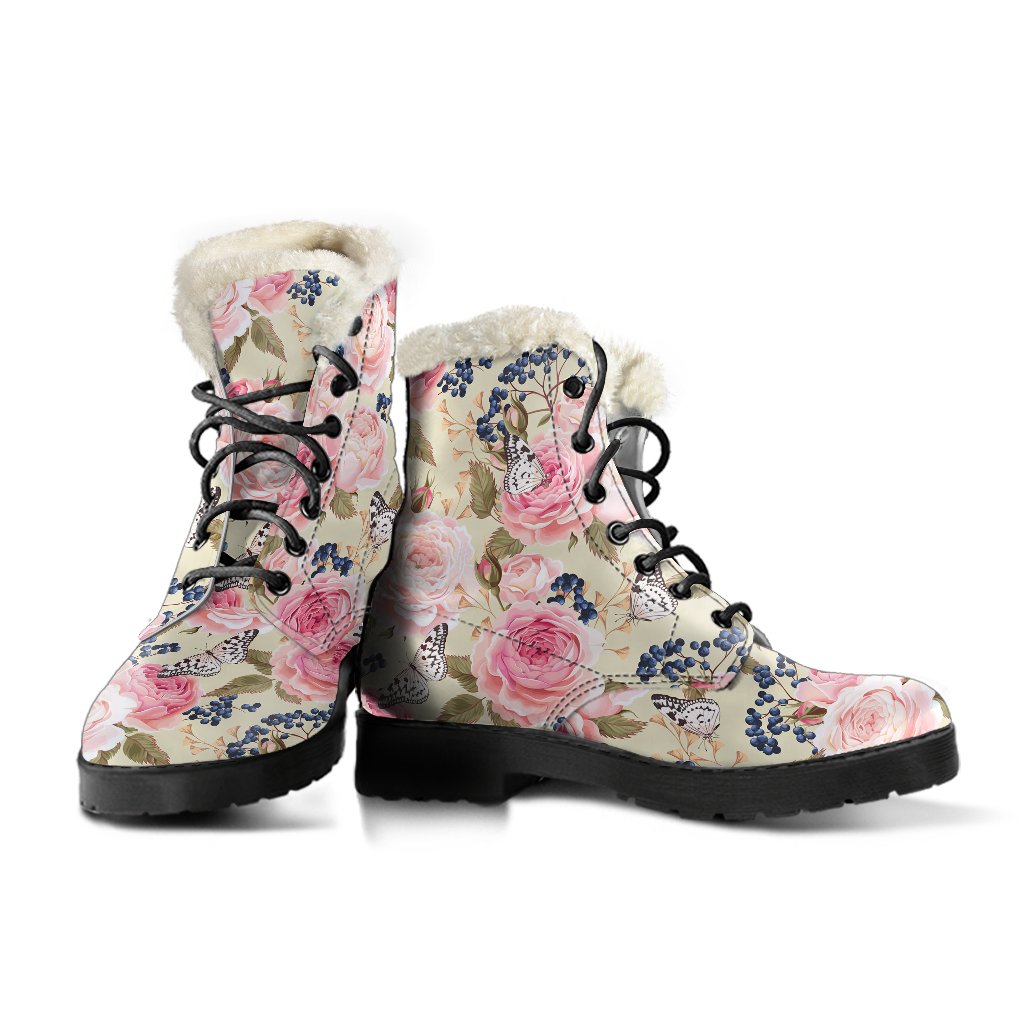 Floral Pink Butterfly Print Faux Fur Leather Boots-JTAMIGO.COM