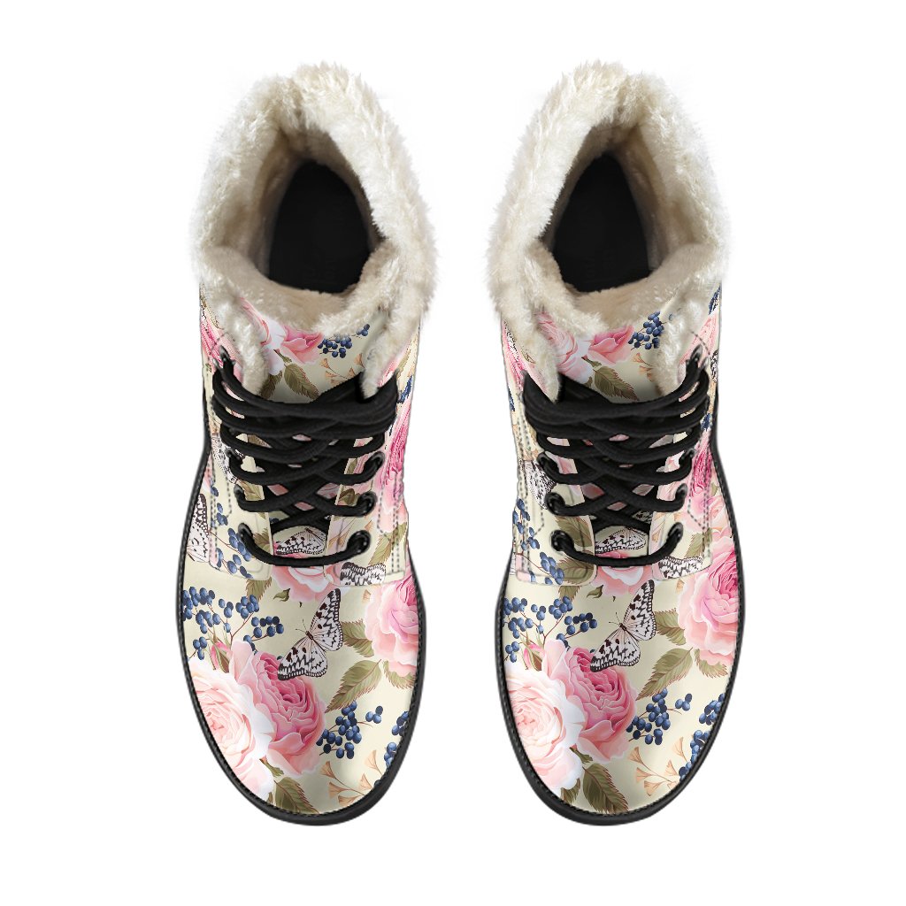 Floral Pink Butterfly Print Faux Fur Leather Boots-JTAMIGO.COM