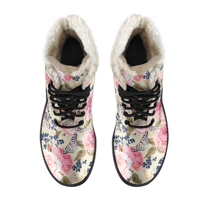 Floral Pink Butterfly Print Faux Fur Leather Boots-JTAMIGO.COM