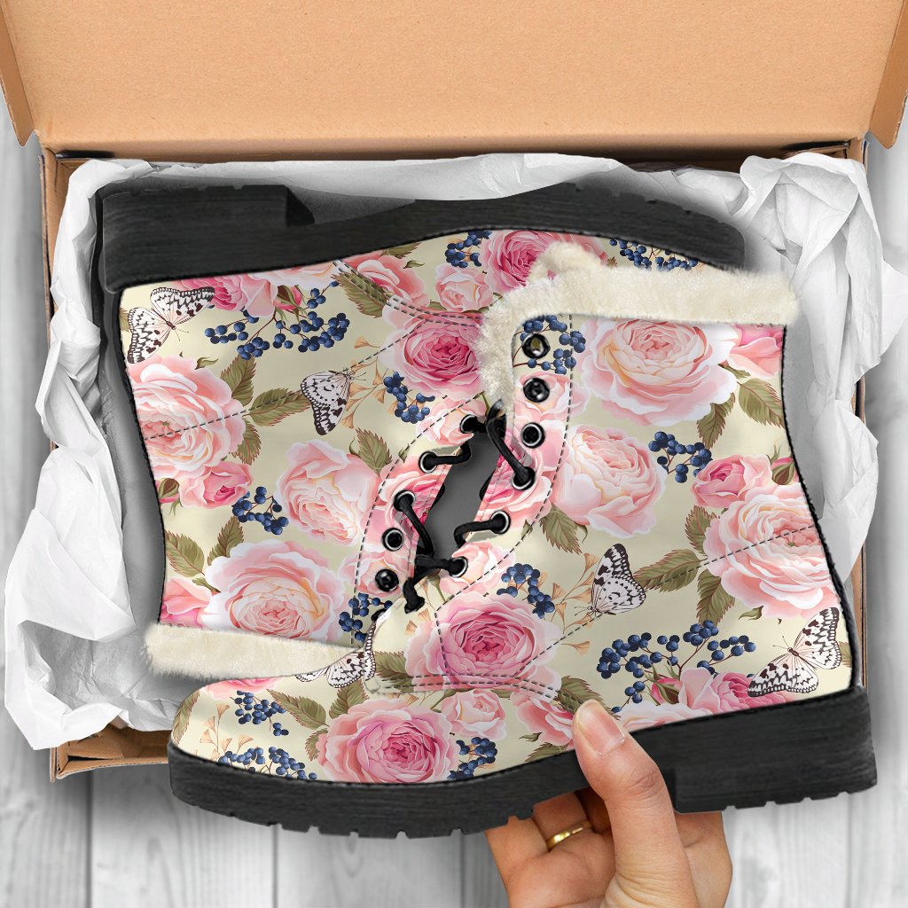 Floral Pink Butterfly Print Faux Fur Leather Boots-JTAMIGO.COM