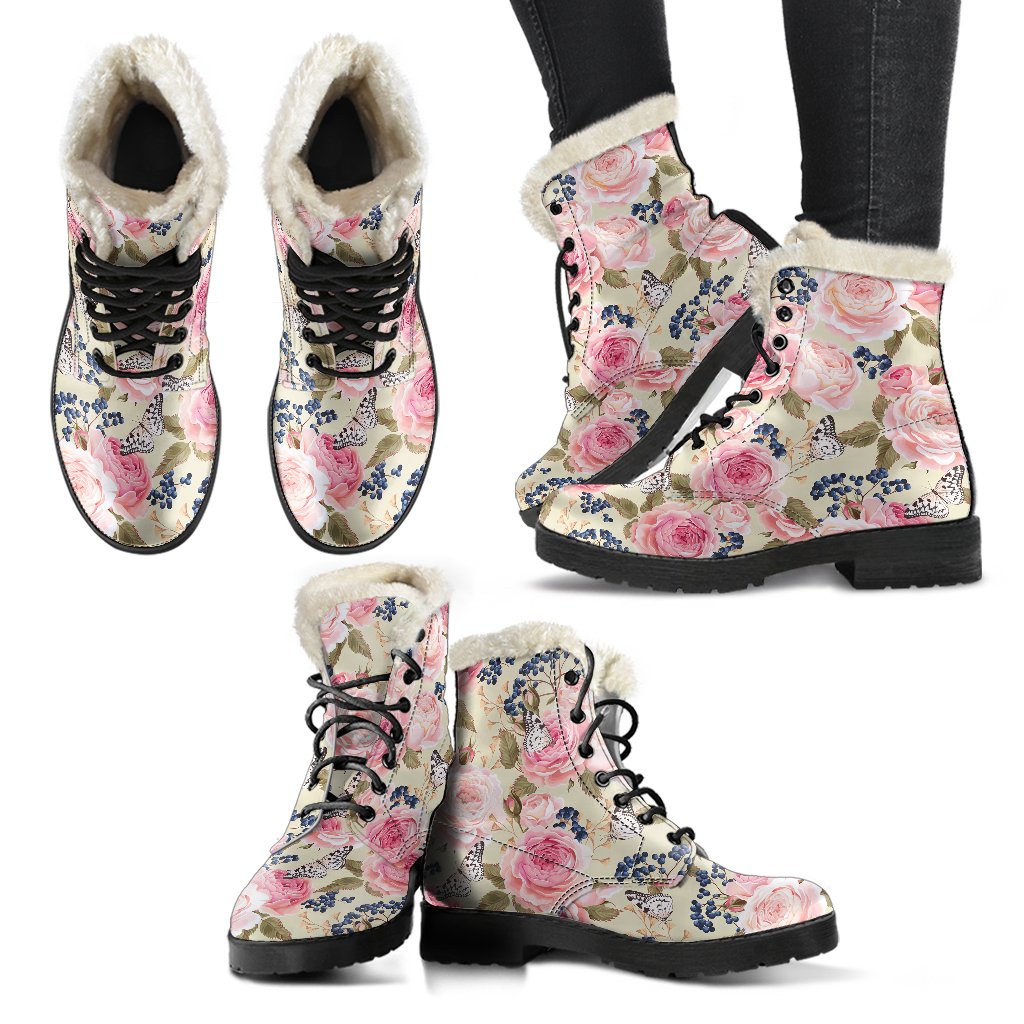 Floral Pink Butterfly Print Faux Fur Leather Boots-JTAMIGO.COM