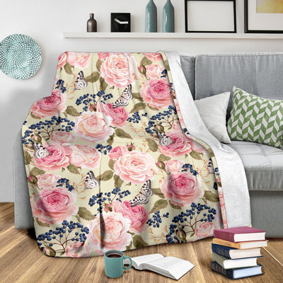 Floral Pink Butterfly Print Fleece Blanket