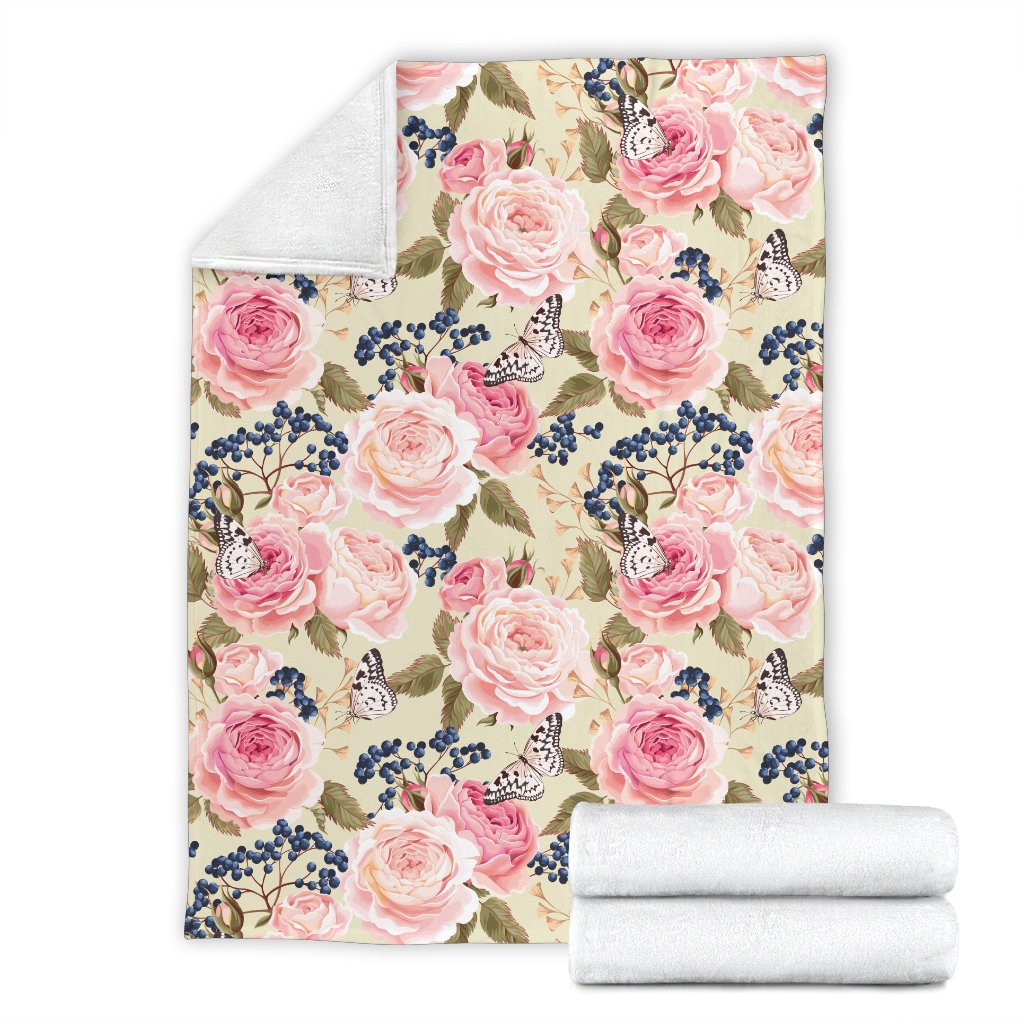 Floral Pink Butterfly Print Fleece Blanket
