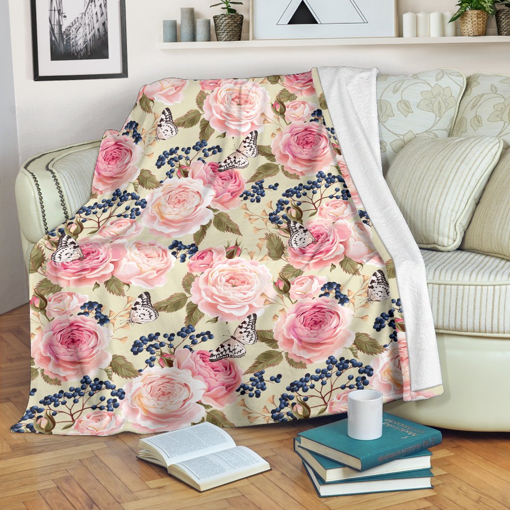 Floral Pink Butterfly Print Fleece Blanket