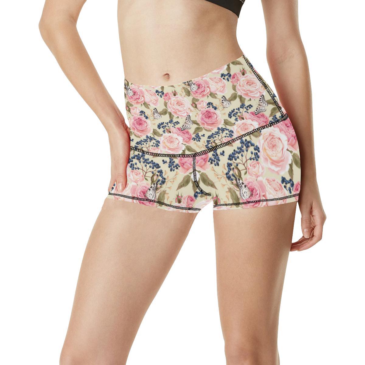 Floral Pink Butterfly Print High Waisted Spandex Shorts-JTAMIGO.COM