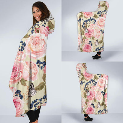 Floral Pink Butterfly Print Hooded Blanket-JTAMIGO.COM