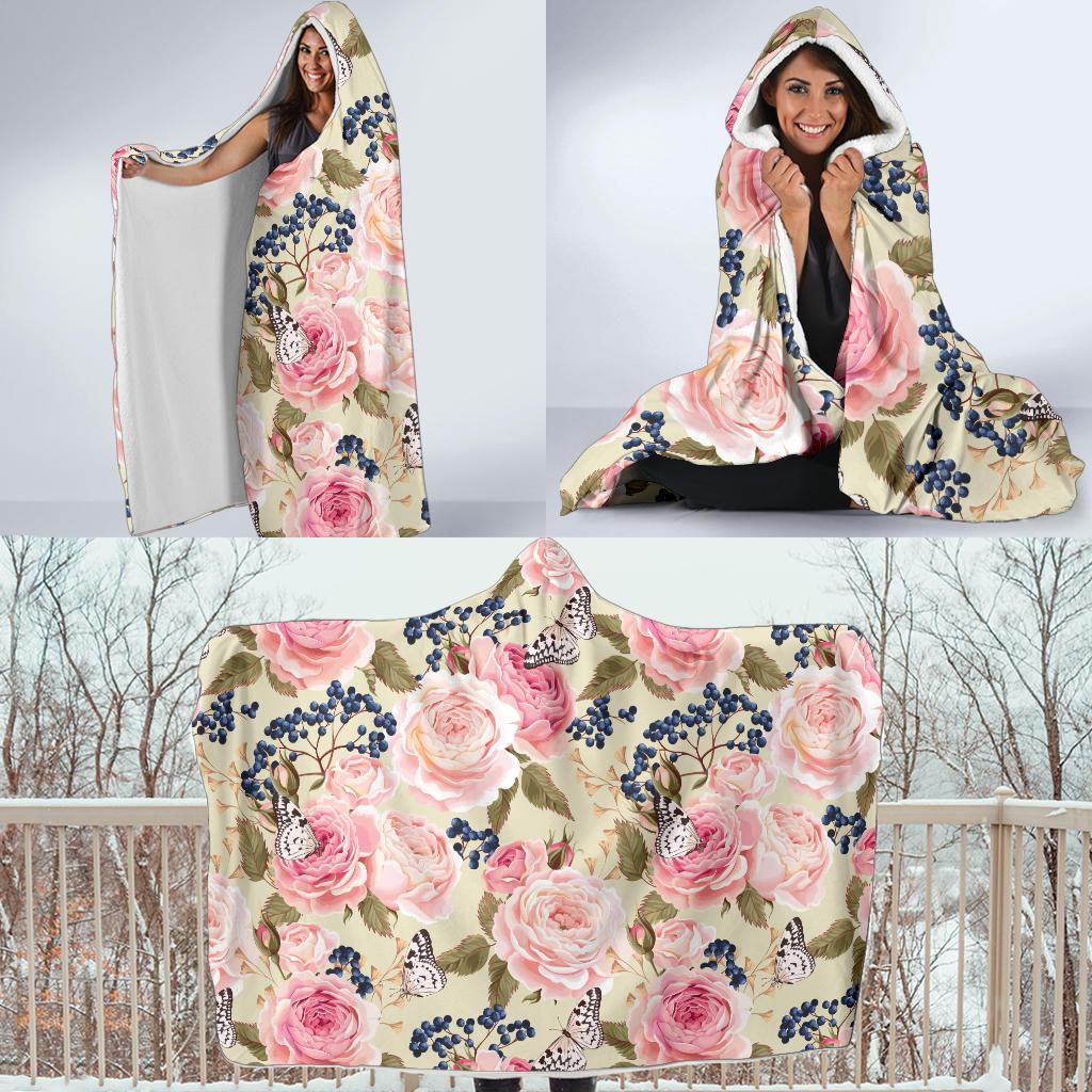 Floral Pink Butterfly Print Hooded Blanket-JTAMIGO.COM