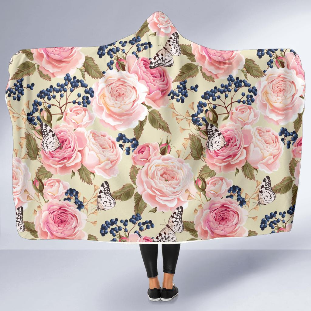Floral Pink Butterfly Print Hooded Blanket-JTAMIGO.COM