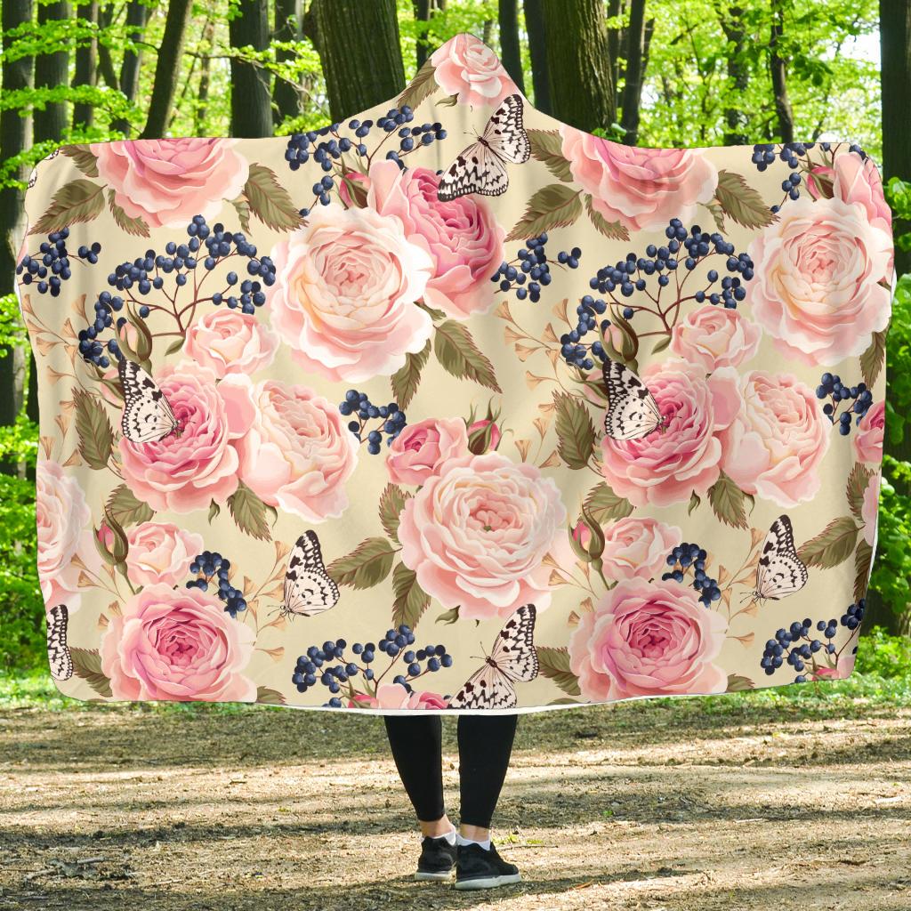 Floral Pink Butterfly Print Hooded Blanket-JTAMIGO.COM