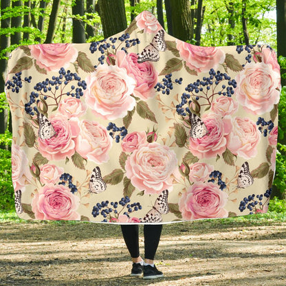 Floral Pink Butterfly Print Hooded Blanket-JTAMIGO.COM