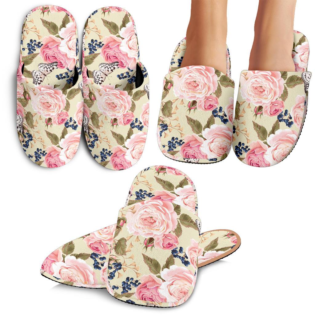 Floral Pink Butterfly Print House Slippers