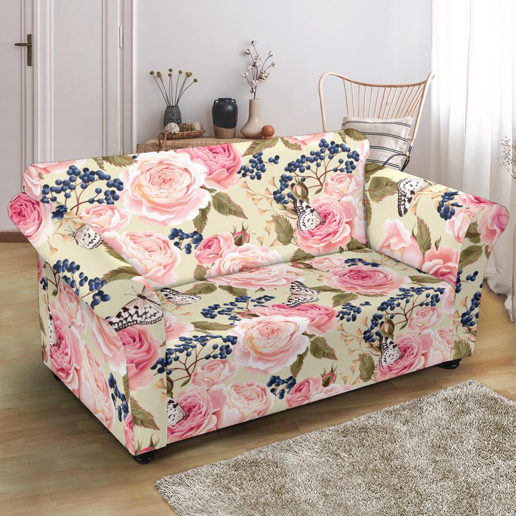 Floral Pink Butterfly Print Loveseat Slipcover-JTAMIGO.COM