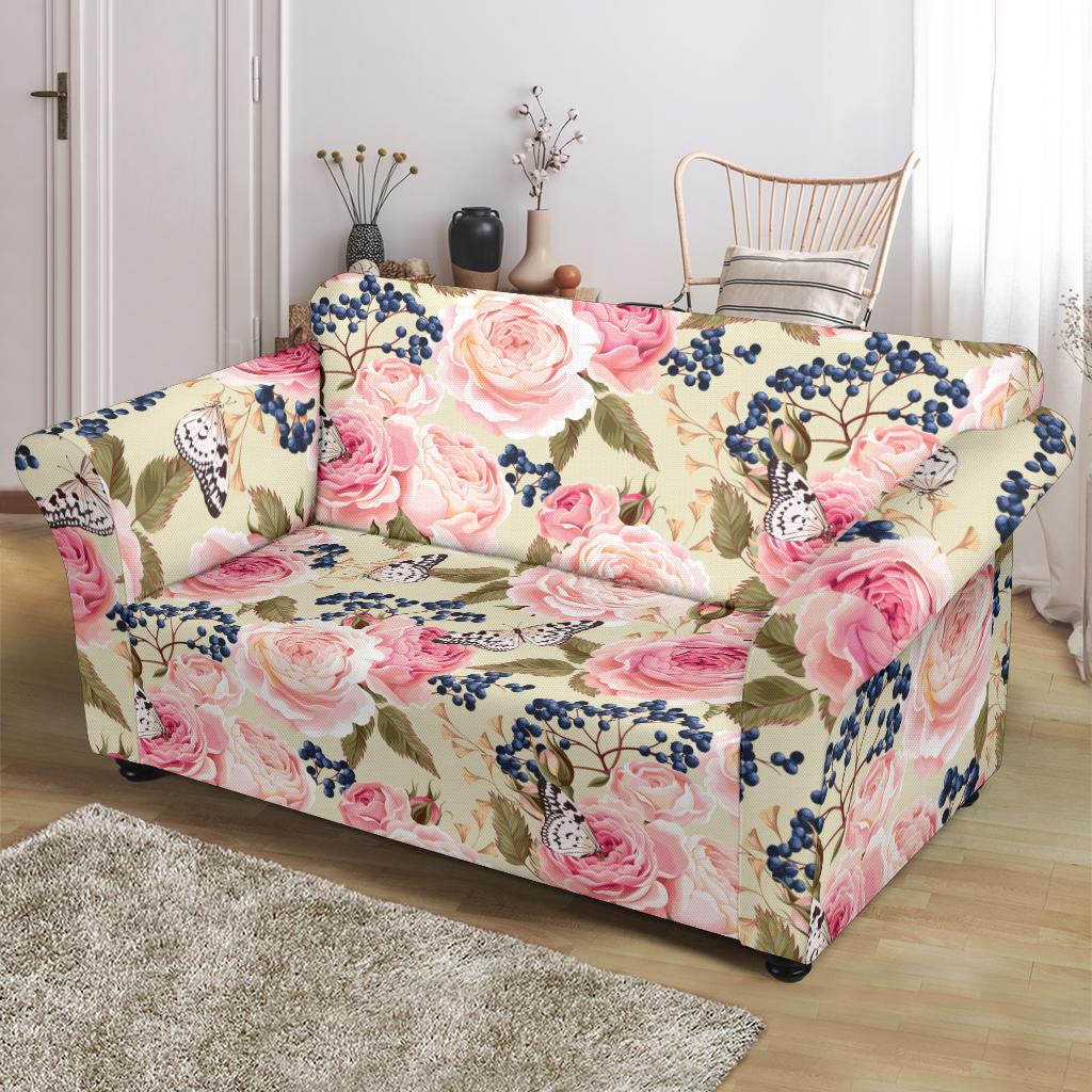 Floral Pink Butterfly Print Loveseat Slipcover-JTAMIGO.COM