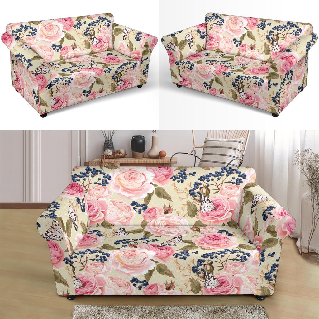 Floral Pink Butterfly Print Loveseat Slipcover-JTAMIGO.COM