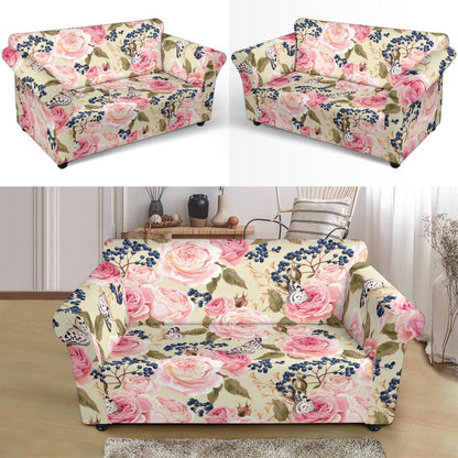 Floral Pink Butterfly Print Loveseat Slipcover-JTAMIGO.COM
