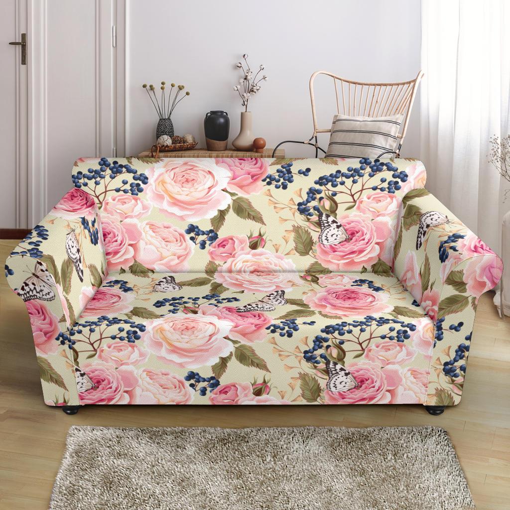 Floral Pink Butterfly Print Loveseat Slipcover-JTAMIGO.COM