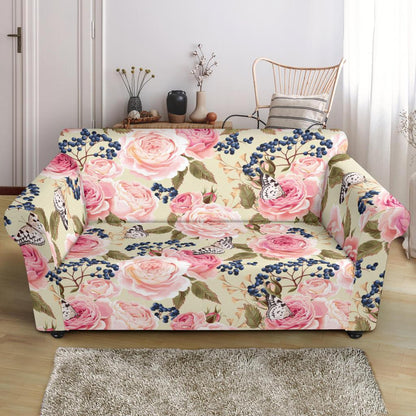 Floral Pink Butterfly Print Loveseat Slipcover-JTAMIGO.COM