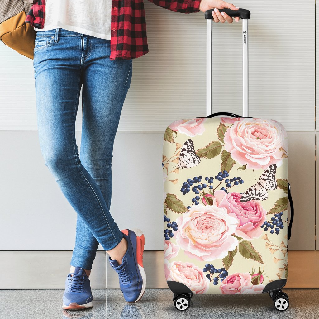 Floral Pink Butterfly Print Luggage Cover Protector