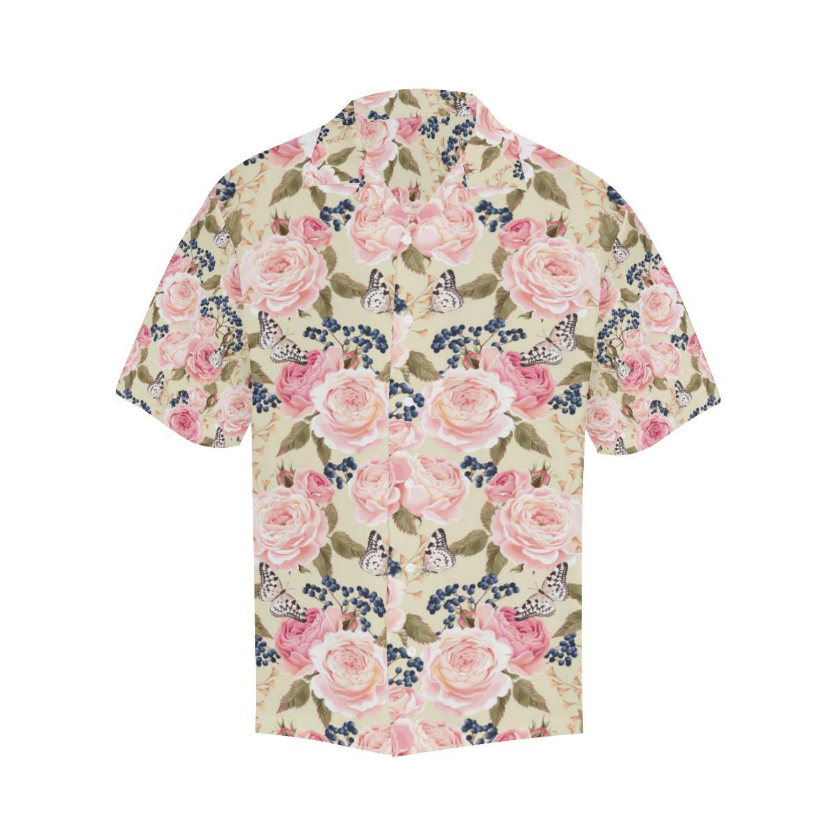Floral Pink Butterfly Print Men Aloha Hawaiian Shirt
