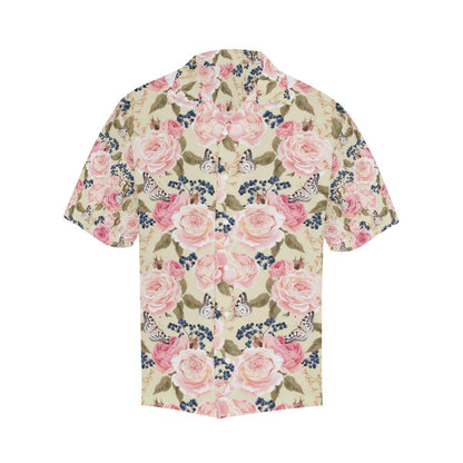 Floral Pink Butterfly Print Men Aloha Hawaiian Shirt