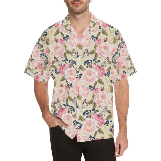 Floral Pink Butterfly Print Men Aloha Hawaiian Shirt