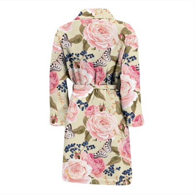 Floral Pink Butterfly Print Men Bath Robe-JTAMIGO.COM