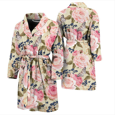 Floral Pink Butterfly Print Men Bath Robe-JTAMIGO.COM