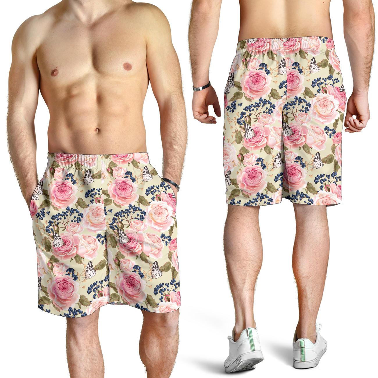 Floral Pink Butterfly Print Mens Shorts-JTAMIGO.COM