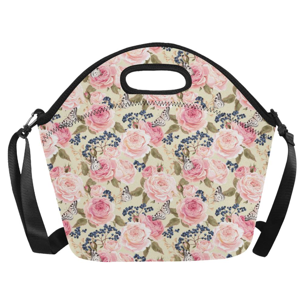 Floral Pink Butterfly Print Neoprene Lunch Bag (Model 1669)(Large)-JTAMIGO.COM