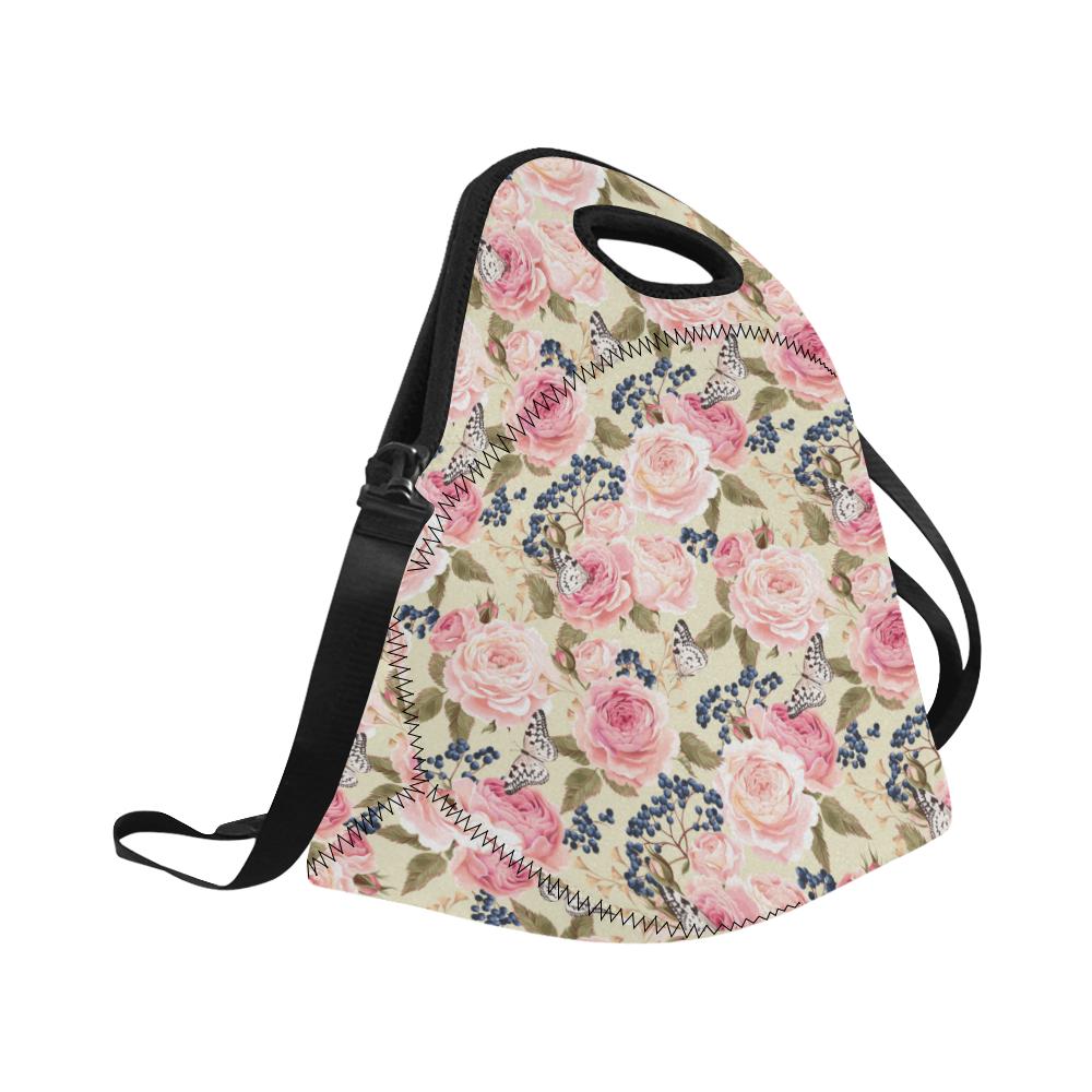 Floral Pink Butterfly Print Neoprene Lunch Bag (Model 1669)(Large)-JTAMIGO.COM
