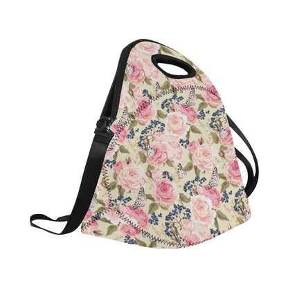 Floral Pink Butterfly Print Neoprene Lunch Bag (Model 1669)(Large)-JTAMIGO.COM